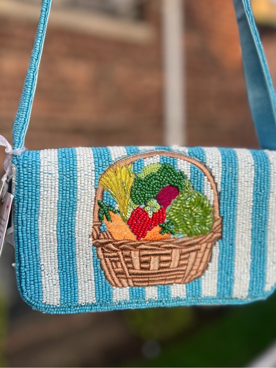 T.J.Maxx Handbags - TJMAXX MARSHALLS Picnic Striped Farmers Market Produce Beaded Bag Shoulder Purse